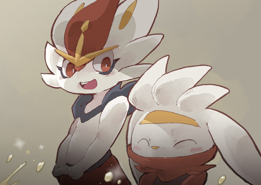 2boys :3 ^_^ animal_nose blue_fur blush body_fur bright_pupils brown_background buck_teeth cinderace closed_eyes covered_mouth furry furry_male gen_8_pokemon gerigoo happy highres looking_at_another looking_to_the_side male_focus multicolored_fur multiple_boys nintendo open_mouth pee peeing peeing_together pokemon pokemon_(creature) rabbit_boy rabbit_ears raboot red_eyes red_fur red_hair short_hair simple_background smile sparkle standing teeth upper_body white_fur white_pupils