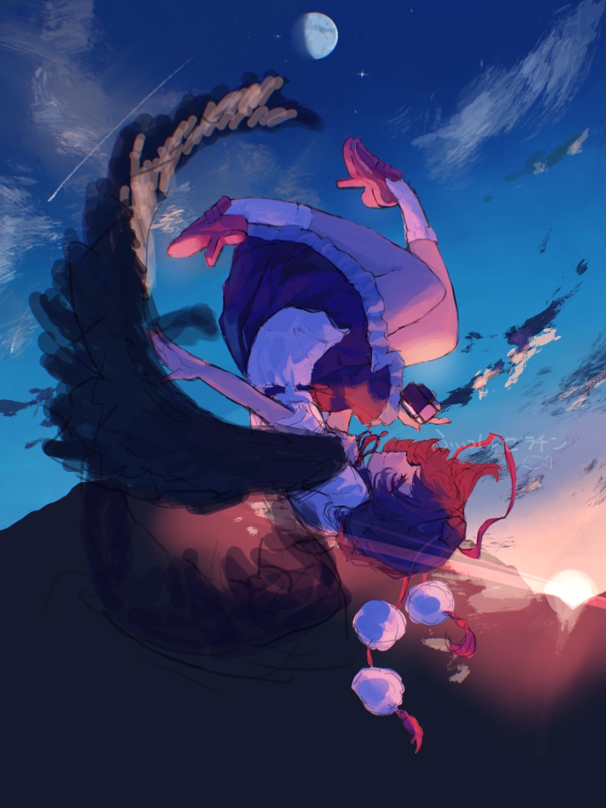 1girl black_hair black_skirt black_wings camera cloud commentary_request fish_zeratin floating frills from_side full_moon geta hat highres holding holding_camera medium_hair moon pom_pom_(clothes) shameimaru_aya shirt short_sleeves skirt sky smile socks solo tengu-geta tokin_hat touhou twilight upside-down white_shirt white_socks wings