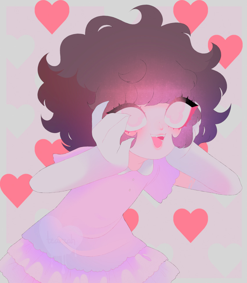 1boy black_hair blush commentary commission crossdressing crossdressing_(mtf) dreamalgia elliott_kinoshita english_commentary eyelashes fangs fluffy_hair heart highres lips male_focus monster_boy open_mouth original pastel_goth pink_theme short_hair smile solo teeth trap