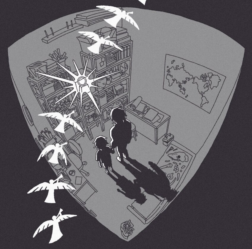 2boys angel bone box chair daybit_sem_void fate/grand_order fate_(series) father_and_son from_above globe gloves glowing_object highres holding_hands kzviet long_sleeves map map_(object) multiple_boys paper shadow shelf short_hair short_sleeves shorts swivel_chair table unworn_gloves wide_shot world_map