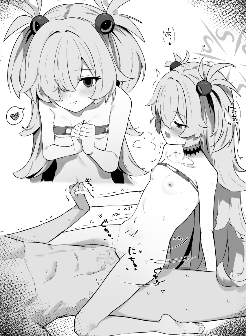 1boy 1girl absurdres bar_censor bikini bikini_top_lift blue_archive blush breasts censored clothes_lift commentary cowgirl_position eyepatch_bikini girl_on_top greyscale hair_ornament hair_over_one_eye halo heart hetero highres holding_hands interlocked_fingers kanoe_(blue_archive) long_hair monochrome motion_lines nayamy nipples nude sex small_breasts smile sound_effects spoken_heart straddling sweat swimsuit very_long_hair