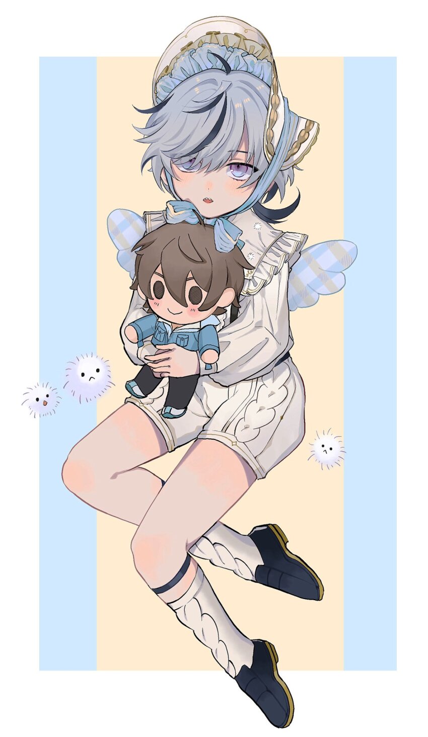 1boy blade_(nu_carnival) blade_(young)_(nu_carnival) character_doll commentary_request doll eiden_(nu_carnival) highres hugging_doll hugging_object nu_carnival shorts shota stuffed_toy white_hair white_shorts yaoi zuix