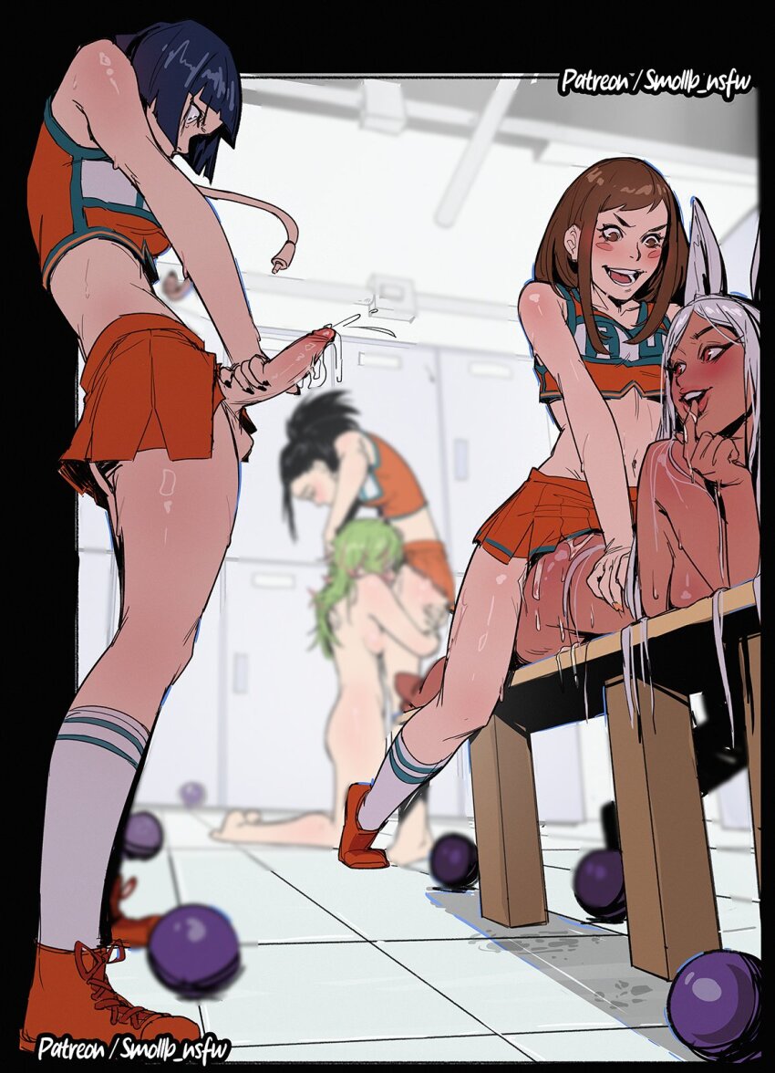2girls 3futa animal_ears bare_shoulders blush boku_no_hero_academia breasts cheerleader completely_nude crop_top cum dark-skinned_female dark_skin erection fellatio futa_with_female futanari hagakure_toru handjob highres jiro_kyoka kneeling large_breasts locker locker_room long_hair looking_at_penis medium_breasts medium_penis mirko multiple_futa multiple_girls nail_polish navel nude open_mouth oral orange_shirt orange_skirt penis rabbit_ears rabbit_girl red_eyes sex sex_from_behind shirt skirt sleeveless smollb_nsfw u.a._cheerleader_uniform uraraka_ochako white_hair yaoyorozu_momo