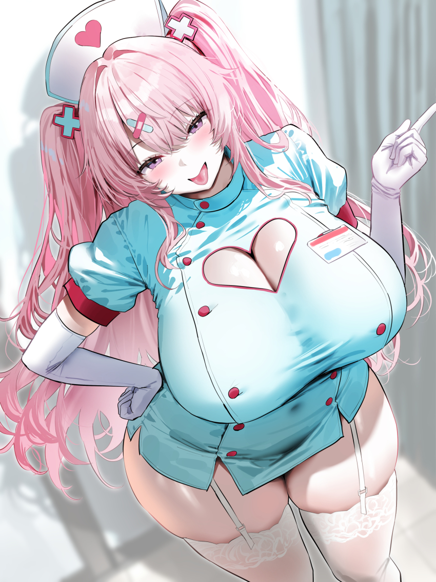 1girl absurdres blue_dress blush breasts cleavage cleavage_cutout clothing_cutout commentary dress elbow_gloves gloves hat highres huge_breasts long_hair looking_at_viewer nurse_cap oekakizuki original pink_hair purple_eyes short_dress short_sleeves single_sidelock smile solo thick_thighs thighhighs thighs tongue tongue_out two_side_up white_gloves white_thighhighs wide_hips