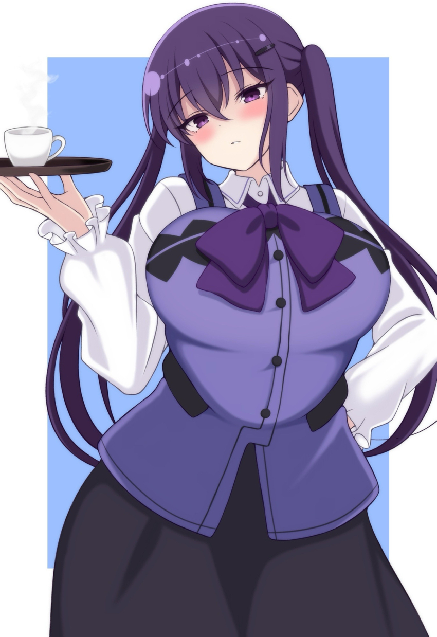 1girl alternate_breast_size_(larger) black_skirt blue_background blush border bow bowtie breasts closed_mouth commentary cowboy_shot cup gochuumon_wa_usagi_desu_ka? hair_between_eyes hair_ornament hairclip highres holding holding_tray large_breasts long_hair long_sleeves looking_at_viewer namako_muri outside_border purple_bow purple_bowtie purple_eyes purple_hair purple_vest shirt skirt solo steaming_cup teacup tedeza_rize tray twintails vest white_border white_shirt