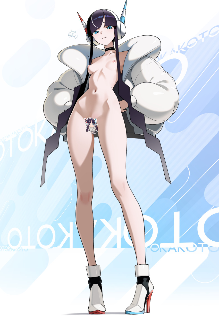1girl absurdres black_choker black_hair blue_eyes bottomless breasts censored character_censor choker coat elesa_(pokemon) full_body hands_on_own_hips headphones high_heels highres hip_bones jacket long_sidelocks navel nintendo novelty_censor otokakoto pokemon pokemon_bw2 puffy_coat sidelocks small_breasts solo standing stomach thighs very_long_sidelocks white_jacket