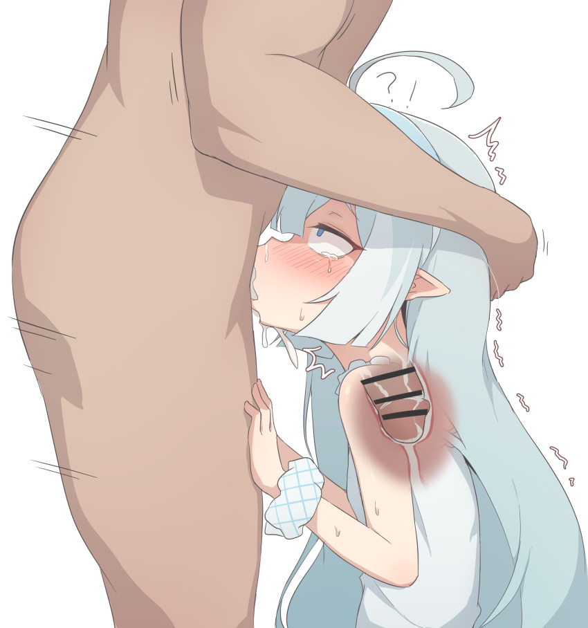 1boy 1girl antenna_hair bar_censor bare_shoulders blue_eyes blue_hair breasts censored constricted_pupils crying crying_with_eyes_open cum cum_in_mouth deepthroat ejaculation empty_eyes expressionless fellatio female_tyrant_(stella_sora) from_side hetero irrumatio jallass loli long_hair matching_hair/eyes mind_break oral penis pointy_ears profile rape rolling_eyes scared shaded_face shirt simple_background sleeveless sleeveless_shirt small_breasts solo_focus stella_sora tears tyrant_(stella_sora) variant_set white_background white_shirt x-ray