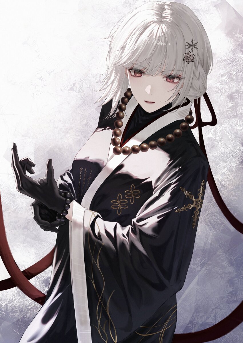 1girl absurdres alternate_costume bead_bracelet bead_necklace beads black_gloves black_kimono black_ribbon bracelet breasts celly_(mogmog_99) closed_mouth commentary english_commentary gloves grey_hair hair_ornament hair_ribbon highres japanese_clothes jewelry kimono light_smile looking_at_viewer medium_breasts mismatched_irises mole mole_under_mouth necklace red_eyes ribbon sanhua_(wuthering_waves) short_hair simple_background solo tacet_mark_(wuthering_waves) white_background wide_sleeves wuthering_waves