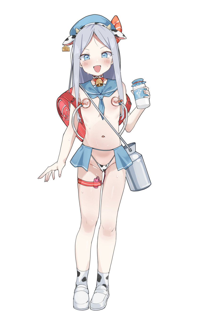 1girl absurdres animal_ear_hairband animal_ears animal_print backpack bag bell blue_hair blue_sailor_collar bow breast_pump breasts choker cow_ear_hairband cow_ears cow_print cow_print_hairband cow_print_panties cow_print_socks cowbell detached_collar earrings fake_animal_ears full_body grey_hair groin hairband highres holding holding_jar jar jewelry lactation light_blush loli long_hair looking_at_viewer mary_janes merlt milk milking_machine nipples off_shoulder open_mouth original randoseru red_bow sailor_collar shoes simple_background small_breasts solo standing sweat topless_female white_background