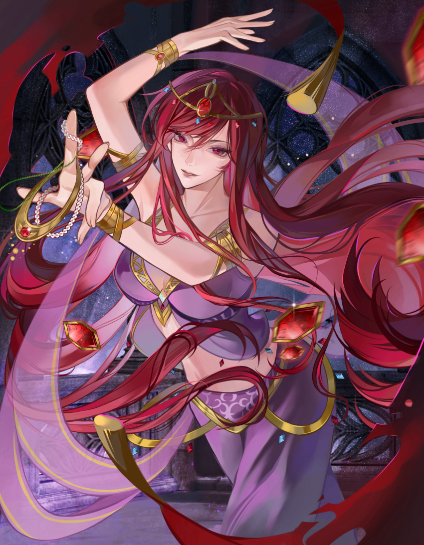 1girl absurdres arabian_clothes commentary_request erza_scarlet fairy_tail grin harem_outfit harem_pants highres jewelry long_hair looking_at_viewer midriff pants red_eyes red_hair smile solo user_cxka7875