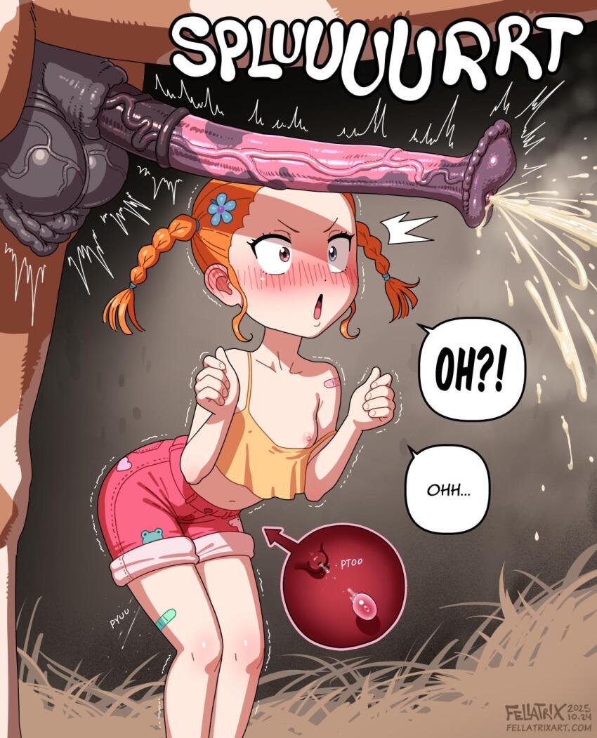 1boy 1girl animal_penis artist_name bandaid bandaid_on_shoulder bandaid_on_thigh bestiality blue_eyes blush breasts brown_eyes commentary crop_top cum dated deputy_(fellatrix) ejaculation english_commentary english_text fellatrix heterochromia highres horse_penis huge_penis large_testicles loli looking_at_penis nipples open_mouth orange_eyes orange_tank_top original ovulation penis penis_awe pink_shorts short_twintails shorts small_breasts sound_effects speech_bubble suzieq_(fellatrix) tank_top testicles twintails veins veiny_penis watermark web_address
