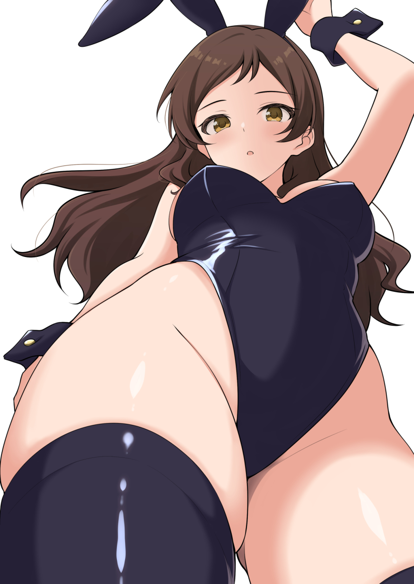1girl :o animal_ears black_leotard black_thighhighs black_wrist_cuffs blush breasts brown_eyes brown_hair commentary english_commentary from_below highres houki_(tonburi) idolmaster idolmaster_million_live! kitazawa_shiho leotard long_hair looking_at_viewer looking_down parted_lips playboy_bunny rabbit_ears simple_background skindentation solo standing thighhighs white_background wrist_cuffs