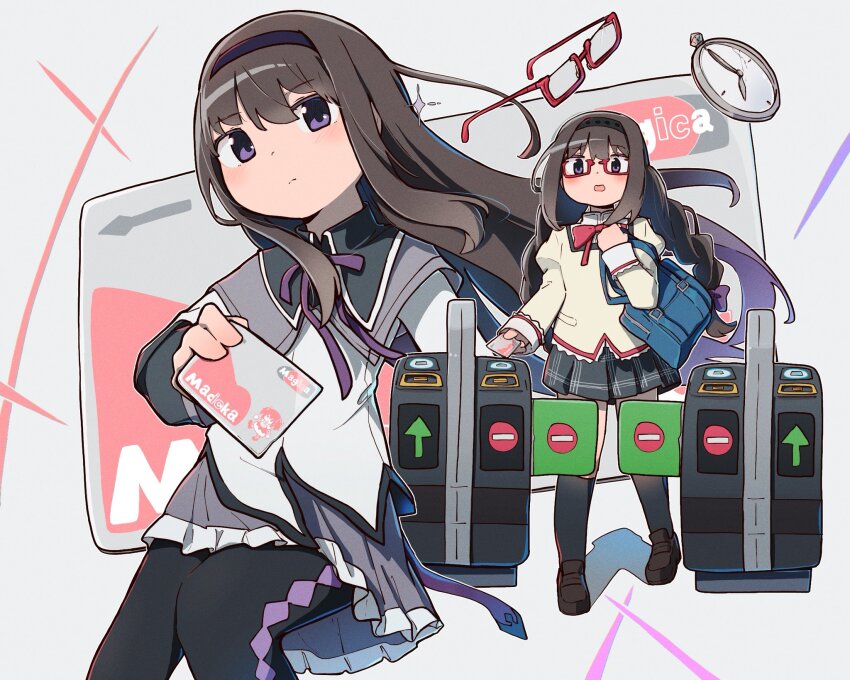 2girls akemi_homura akemi_homura_(magical_girl) argyle_clothes argyle_pantyhose bag black_hair black_hairband black_pantyhose black_skirt black_socks blue_bag bow bowtie braid clock commentary dual_persona frilled_skirt frills hairband highres holding kashi_neko kneehighs loafers long_hair looking_at_viewer magical_girl mahou_shoujo_madoka_magica mahou_shoujo_madoka_magica_(anime) mitakihara_school_uniform multiple_girls no_entry_sign open_mouth pantyhose puffy_sleeves purple_eyes purple_skirt red-framed_eyewear red_bow red_bowtie road_sign school_uniform semi-rimless_eyewear shoes shoulder_bag sign skirt socks turnstile twin_braids under-rim_eyewear unworn_eyewear