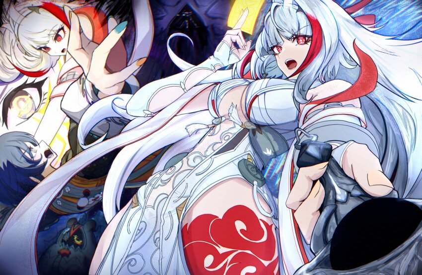 2girls absurdres animal_ear_fluff animal_ears armlet bangboo_(zenless_zone_zero) belle_(delicate_sunlight)_(zenless_zone_zero) belle_(zenless_zone_zero) blue_hair bracelet breasts china_dress chinese_clothes commentary_request dress dress_over_shirt droopy_ears hairband highres holding holding_ofuda holding_sword holding_weapon jewelry leg_tattoo long_hair looking_at_viewer looking_back medium_breasts metal_bracelet multiple_girls multiple_views official_alternate_costume ofuda open_mouth orange_dress pelvic_curtain qingming_sword red_eyes see-through_horns short_hair silver_armlet silver_bracelet sword tattoo very_long_hair weapon white_dress white_hair white_hairband yama_kabosu ye_shunguang zenless_zone_zero