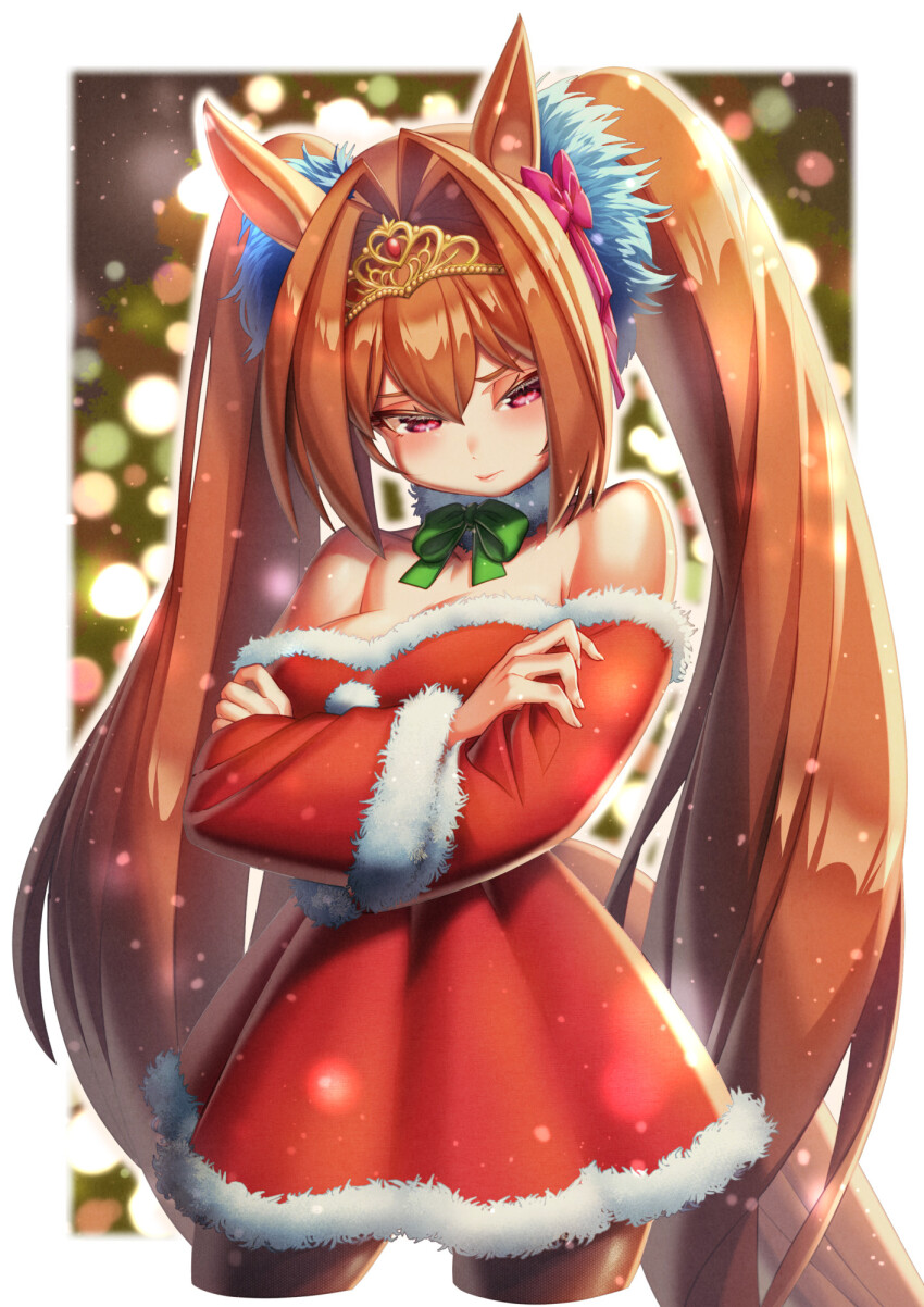1girl animal_ears bare_shoulders black_pantyhose blush bow breasts brown_hair closed_mouth commentary_request creape crossed_arms daiwa_scarlet_(umamusume) detached_sleeves dress fur-trimmed_dress fur-trimmed_sleeves fur_collar fur_trim green_bow hair_between_eyes hair_intakes highres horse_ears horse_girl horse_tail large_breasts long_hair pantyhose red_dress red_eyes red_sleeves santa_costume santa_dress solo strapless strapless_dress tail tiara twintails umamusume very_long_hair