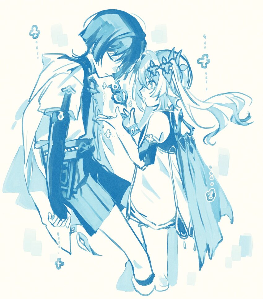 1boy 1girl arm_at_side armlet belt blunt_ends bodysuit bow bracelet bridal_gauntlets cape closed_eyes closed_mouth clothing_cutout commentary_request core cropped_legs detached_sleeves dress eyelashes facing_another furisode genshin_impact hands_up highres hip_vent japanese_clothes jewelry kimono layered_sleeves long_hair looking_at_another mandarin_collar middle_ring monochrome nahida_(genshin_impact) onigiri_po_0205 open_hands open_mouth pointy_ears rope sash scaramouche_(genshin_impact) short_sleeves shorts side_ponytail sidelocks spoilers wanderer_(genshin_impact) white_background wispy_bangs