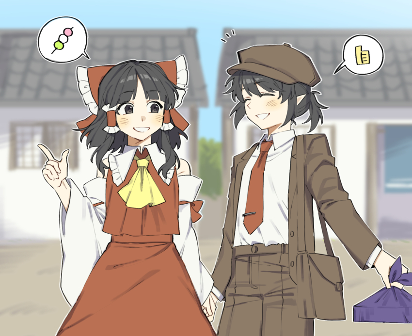 2girls ascot bag bento black_eyes black_hair blush bow brown_bag brown_hat brown_jacket brown_pants closed_eyes collared_shirt commentary_request dango dating detached_sleeves food frilled_bow frilled_hair_tubes frills grin hair_bow hair_tubes hakurei_reimu hat highres holding_bento holding_hands jacket long_hair long_sleeves multiple_girls necktie no_wings official_alternate_costume open_clothes open_jacket outdoors pants pointy_ears red_bow red_necktie red_skirt sakic43899 sanshoku_dango shameimaru_aya shameimaru_aya_(newsboy) shirt short_hair shoulder_bag skewer skirt skirt_set smile tie_clip touhou wagashi white_shirt wrapped_bento yellow_ascot yuri