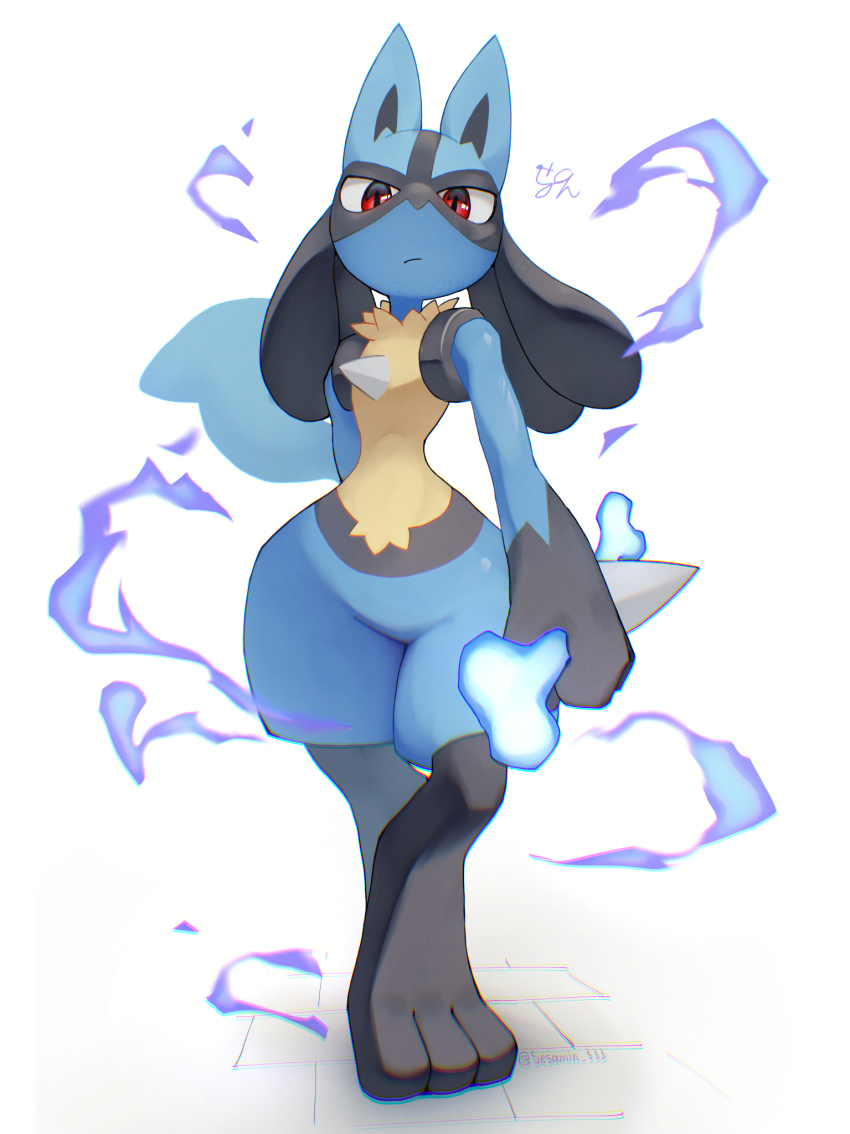 1other body_fur bone closed_mouth full_body furry gen_4_pokemon highres holding holding_bone lucario nintendo other_focus pokemon pokemon_(creature) red_eyes sesamin_(sesamin_333) simple_background solo twitter_username white_background
