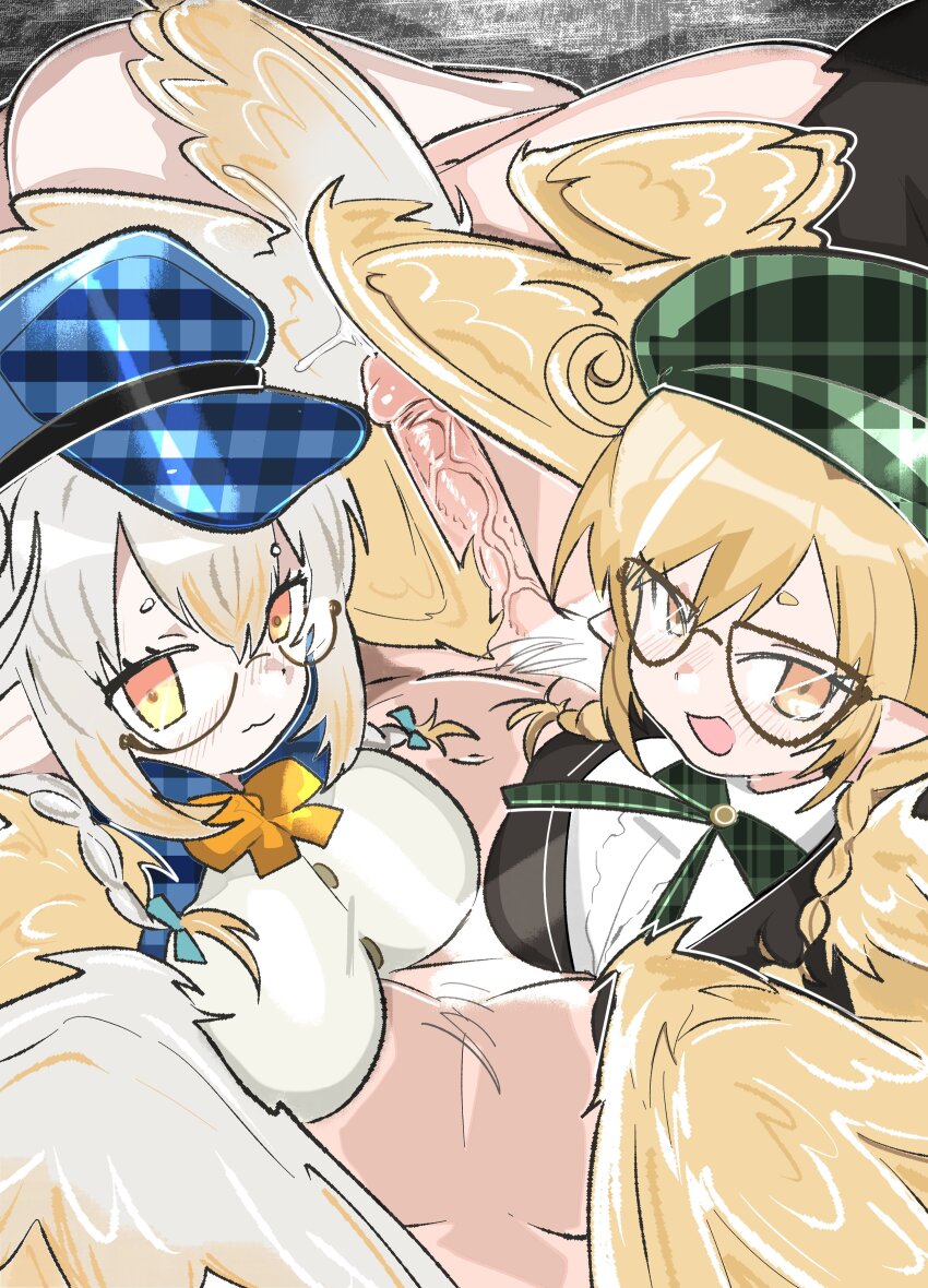 1boy 2girls absurdres blonde_hair blush braid braided_sidelocks breasts character_request clothed_female_nude_male commentary copyright_request english_commentary feathered_wings feathers glasses hat hetero highres looking_at_viewer mavia_(vtuber) medium_breasts multiple_girls nude ollypop open_mouth orange_eyes penis plaid_hat pointy_ears pov precum semi-circular_eyewear semi-rimless_eyewear uncensored winged_arms wingjob wings yellow_feathers yellow_wings