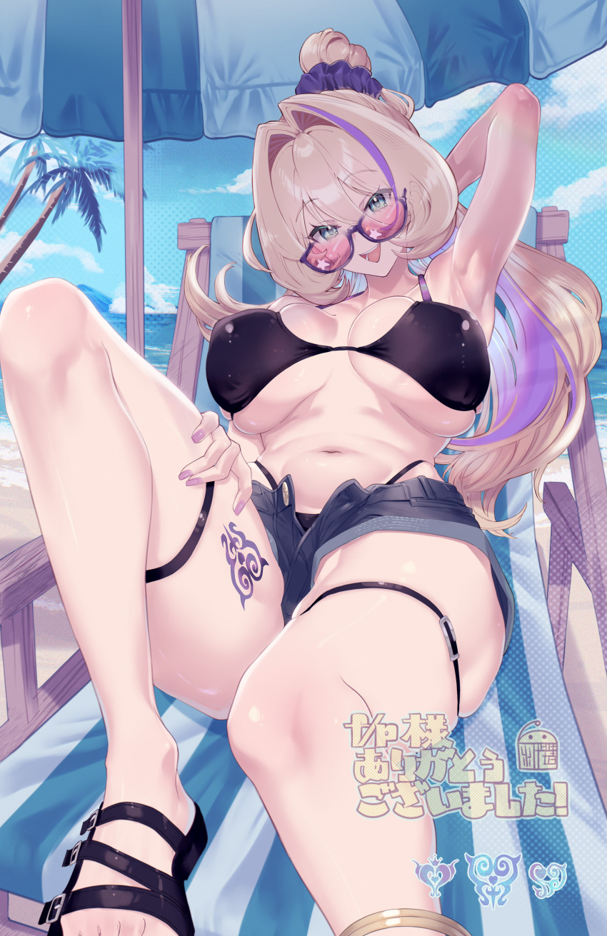 1girl absurdres arm_up beach_umbrella bikini bikini_under_clothes black_bikini blonde_hair breasts chair denim denim_shorts hair_bun highres large_breasts leg_tattoo long_hair looking_at_viewer lounge_chair multicolored_hair navel on_chair open_fly open_mouth original purple_hair sandals shirogami_seisho short_shorts shorts sitting solo stomach streaked_hair sunglasses swimsuit tattoo thigh_strap umbrella