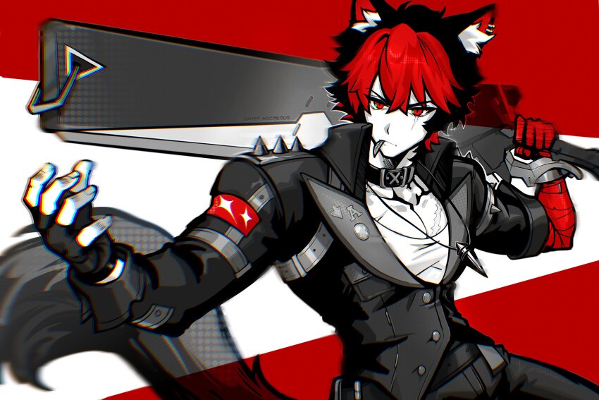 1boy animal_ear_piercing animal_ears bandaged_arm bandages black_choker black_gloves black_hair black_jacket breasts choker cleavage dog_boy dog_ears dog_tail ear_piercing fingerless_gloves gloves highres holding holding_sword holding_weapon huge_weapon jacket jewelry komano_manato leaf_in_mouth male_focus miss_nacreous multicolored_hair necklace over_shoulder pectoral_cleavage pectorals piercing red_bandage red_eyes red_hair scar scar_on_chest scar_on_face shirt sword sword_over_shoulder tail weapon weapon_over_shoulder white_shirt zenless_zone_zero