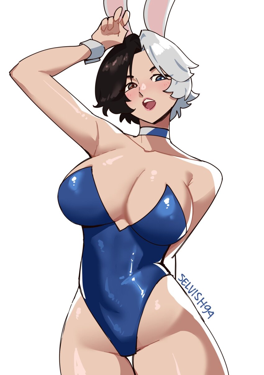 1girl animal_ears artist_name blue_leotard breasts cleavage commentary english_commentary fake_animal_ears highres large_breasts leotard looking_at_viewer luna_snow marvel marvel_rivals multicolored_hair open_mouth playboy_bunny rabbit_ears selvish94 simple_background split-color_hair strapless strapless_leotard thighs two-tone_hair white_hair white_wrist_cuffs wrist_cuffs