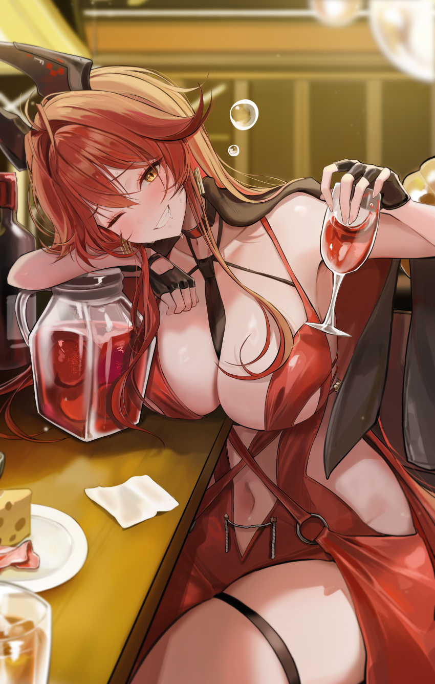 1girl absurdres arm_rest black_gloves black_necktie blance breasts commentary_request counter cup dress drinking_glass drooling drunk earrings fingerless_gloves food gloves goddess_of_victory:_nikke gold_earrings grin highres holding holding_cup horns jewelry large_breasts long_hair mechanical_horns navel necktie official_alternate_costume one_eye_closed pitcher_(container) plate red_dress red_hair red_hood_(nikke) red_hood_(nonsense_red)_(nikke) sitting smile solo squeans sweat very_long_hair wine_glass yellow_eyes