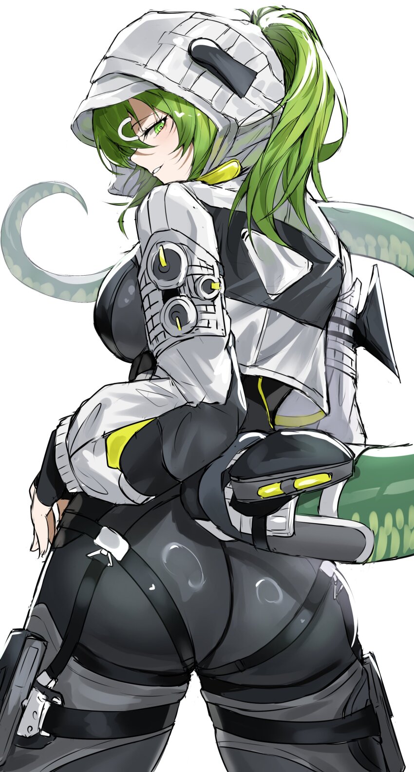 1girl absurdres arknights arknights:_endfield ass black_bodysuit black_gloves bodysuit breasts commentary_request cowboy_shot fingerless_gloves fluorite_(arknights) from_behind gloves green_eyes green_hair highres hood hood_up hooded_shrug jacket long_hair long_sleeves looking_at_viewer looking_back medium_breasts parted_lips ponytail pouch putcho shrug_(clothing) sideways_glance simple_background smile snake_girl snake_tail solo tail thigh_pouch white_background white_shrug