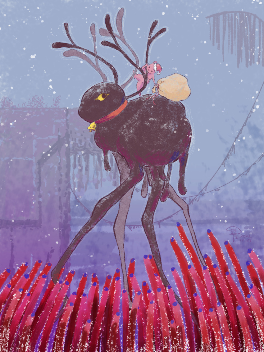 absurdres bell choker commentary cowbell creature dated english_commentary hat highres holding holding_sack hunter_(rain_world) looking_back mixed-language_commentary neck_bell no_humans no_mouth on_creature outdoors rain_deer_(rain_world) rain_world red_choker red_hat sack santa_hat signature slugcat snow vina_(silance) walking worm_grass_(rain_world) yellow_eyes