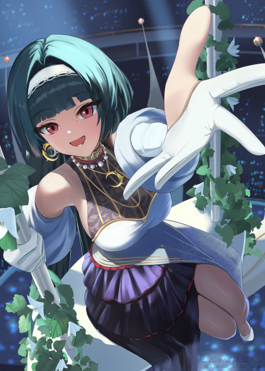 1girl alternate_costume astra_yao bare_shoulders black_hair blunt_bangs breasts commentary_request crescent crescent_necklace detached_sleeves dress earrings elbow_gloves frilled_dress frills from_above gloved_sleeves gloves hairband high_heels highres jewelry large_breasts layered_dress long_dress long_hair looking_at_viewer mole mole_under_each_eye mole_under_eye multiple_moles necklace on_swing open_mouth partially_fingerless_gloves pearl_necklace pumps reaching reaching_towards_viewer revision shoes sitting smile solo stadium stage swing tight_clothes torjun_111 white_dress white_gloves white_hairband white_shoes white_sleeves zenless_zone_zero