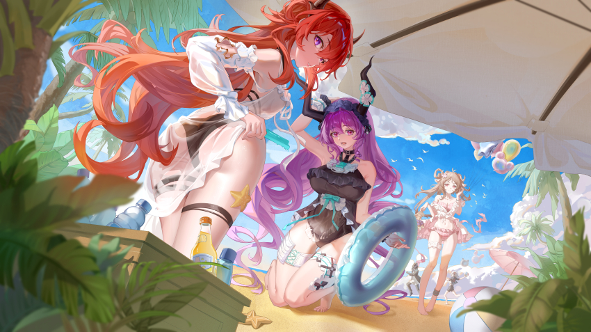 1other 4girls absurdres adjusting_clothes animal animal_ears anklet aqua_ribbon arknights arm_up armpits bare_shoulders barefoot beach bikini bird black_bikini black_coat black_hairband black_horns black_one-piece_swimsuit black_pants black_shoes black_shorts blue_sky blush bottle breasts brown_hair brown_horns chinese_commentary cleavage cloud cloudy_sky coat commentary commentary_request demon_horns detached_sleeves doctor_(arknights) eyjafjalla_(arknights) eyjafjalla_(summer_flower)_(arknights) frilled_hairband frilled_one-piece_swimsuit frilled_thigh_strap frills from_behind full_body hair_between_eyes hairband highres holding holding_swim_ring horns huge_breasts hundun_hdun infection_monitor_(arknights) innertube jewelry kneeling large_breasts leaning_forward long_hair looking_at_another looking_at_viewer looking_back lower_teeth_only multiple_girls ocean off-shoulder_bikini off_shoulder official_alternate_costume one-piece_swimsuit open_mouth outdoors palm_tree pants parted_lips pink_bikini pink_eyes plaid_bikini plaid_clothes puffy_short_sleeves puffy_sleeves purple_eyes purple_hair red_hair red_horns ribbon running sand see-through_clothes sheep_ears sheep_horns shoes short_sleeves shorts sky solo standing summer surtr_(arknights) surtr_(colorful_wonderland)_(arknights) swim_ring swimsuit swimsuit_cover-up teeth thigh_strap thighs tiny_creature_(arknights) tree typhon_(arknights) typhon_(temperature_difference)_(arknights) very_long_hair w_(arknights) white_bikini white_sleeves