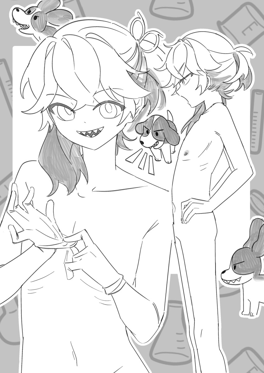 1other :d absurdres adjusting_clothes adjusting_gloves border colored_tips commentary_request completely_nude dog featureless_crotch feet_out_of_frame from_side gloves grey_border greyscale hand_on_own_hip hands_up highres looking_at_viewer medicine_pocket monochrome multicolored_hair multiple_views navel nipples nude open_mouth outside_border profile reverse:1999 sanjuqing'an sharp_teeth smile teeth upper_body