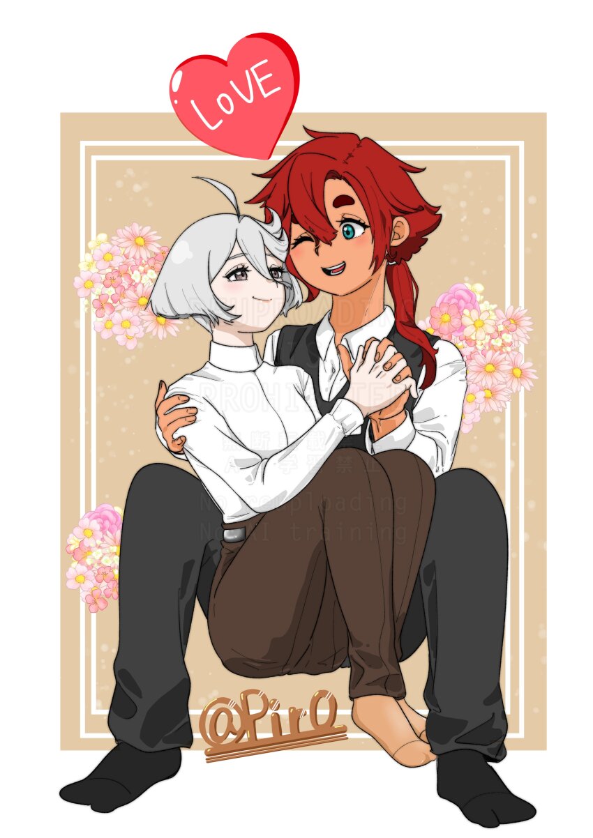 2girls 715piro_gon absurdres artist_name between_legs black_pants black_socks black_vest blue_eyes brown_pants brown_socks collared_shirt commentary english_text flower grey_eyes gundam gundam_suisei_no_majo heart highres holding interlocked_fingers long_hair miorine_rembran multiple_girls one_eye_closed open_mouth pants pink_flower ponytail red_hair shirt short_hair smile socks suletta_mercury thick_eyebrows vest watermark white_hair white_shirt yuri