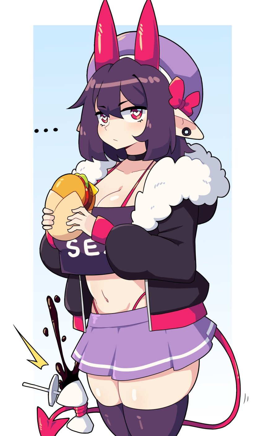 ... 1girl absurdres black_choker black_jacket blue_background border bow breasts burger choker cleavage closed_mouth cola commentary cup daigada ear_piercing english_commentary food fur-trimmed_jacket fur_trim gradient_background hair_between_eyes hat hat_bow heart heart-shaped_pupils highres holding holding_burger holding_food horns inset_border jacket large_breasts looking_at_viewer navel oni open_clothes open_jacket original piercing pink_bow pink_eyes pink_tail pleated_skirt pointy_ears purple_hat purple_skirt purple_tank_top selene_(daigada) short_hair skirt solo symbol-shaped_pupils tail tank_top thick_thighs thighhighs thighs white_background white_border