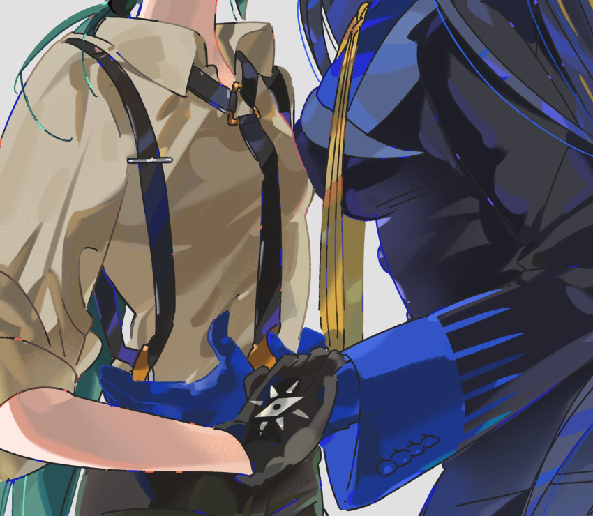 2girls asymmetrical_docking black_gloves black_hair black_jacket black_necktie black_pants blue_gloves blue_shirt breast_press breasts brown_shirt chinese_commentary close-up commentary_request geeta_(pokemon) gloves green_hair grey_background head_out_of_frame highres holding_another's_wrist jacket long_hair long_sleeves low_ponytail medium_breasts multiple_girls nanaasuzy neck_ribbon necktie nintendo out_of_frame pants pokemon pokemon_sv ponytail ponytail_holder ribbon rika_(pokemon) shirt simple_background sleeves_rolled_up small_breasts suspenders torso_grab wide_sleeves yellow_ribbon yuri