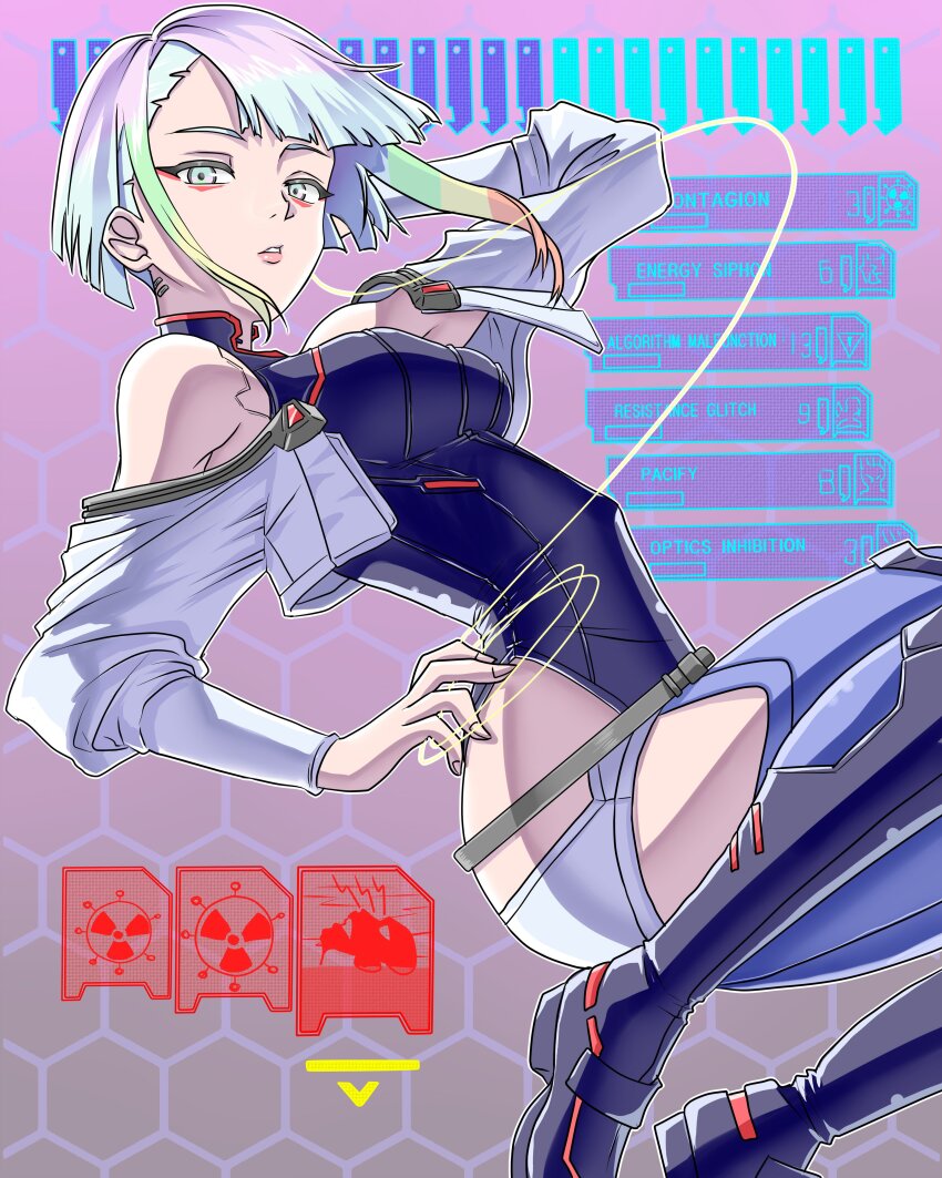 1girl absurdres arm_behind_head bare_shoulders black_boots black_leotard blunt_bangs boots breasts clothing_cutout cropped_jacket cyberpunk:_edgerunners cyberpunk_(series) eiji_(illustr92828969) eyeliner floating foot_out_of_frame gradient_hair hand_on_own_hip highres holding holding_string jacket leotard looking_at_viewer lucy_(cyberpunk) makeup medium_breasts multicolored_hair off-shoulder_jacket off_shoulder parted_bangs parted_lips rainbow_hair red_eyeliner short_hair solo string thigh_cutout white_jacket