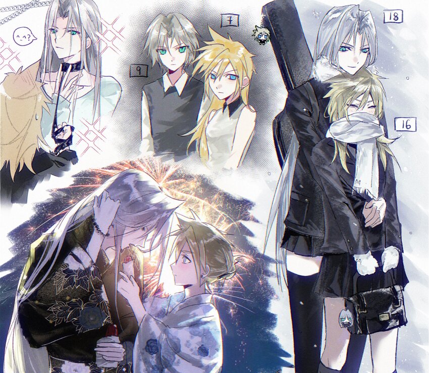 3_3lecho absurdres age_progression alternate_costume aqua_eyes arms_around_waist bag black_bag black_coat black_kimono black_shirt black_skirt black_sweater_vest black_thighhighs blonde_hair blue_eyes blue_sweater blush character_charm charm_(object) closed_eyes cloud_strife coat collar commentary expressionless feeding final_fantasy final_fantasy_vii final_fantasy_vii:_ever_crisis final_fantasy_vii_remake fireworks floral_print floral_print_kimono genderswap genderswap_(mtf) grey_hair guitar_case hair_behind_ear hair_bun height_difference highres holding holding_bag holding_leash hug hug_from_behind instrument_case japanese_clothes kimono leash light_smile long_bangs long_hair looking_at_another miniskirt multiple_persona multiple_views night outdoors parted_bangs print_kimono scarf school_uniform sephiroth shirt short_hair skirt slit_pupils sparkle spiked_hair summer_festival sweater sweater_vest symbol-only_commentary thighhighs upper_body very_long_hair white_kimono white_scarf white_shirt wing_collar winter_clothes yuri