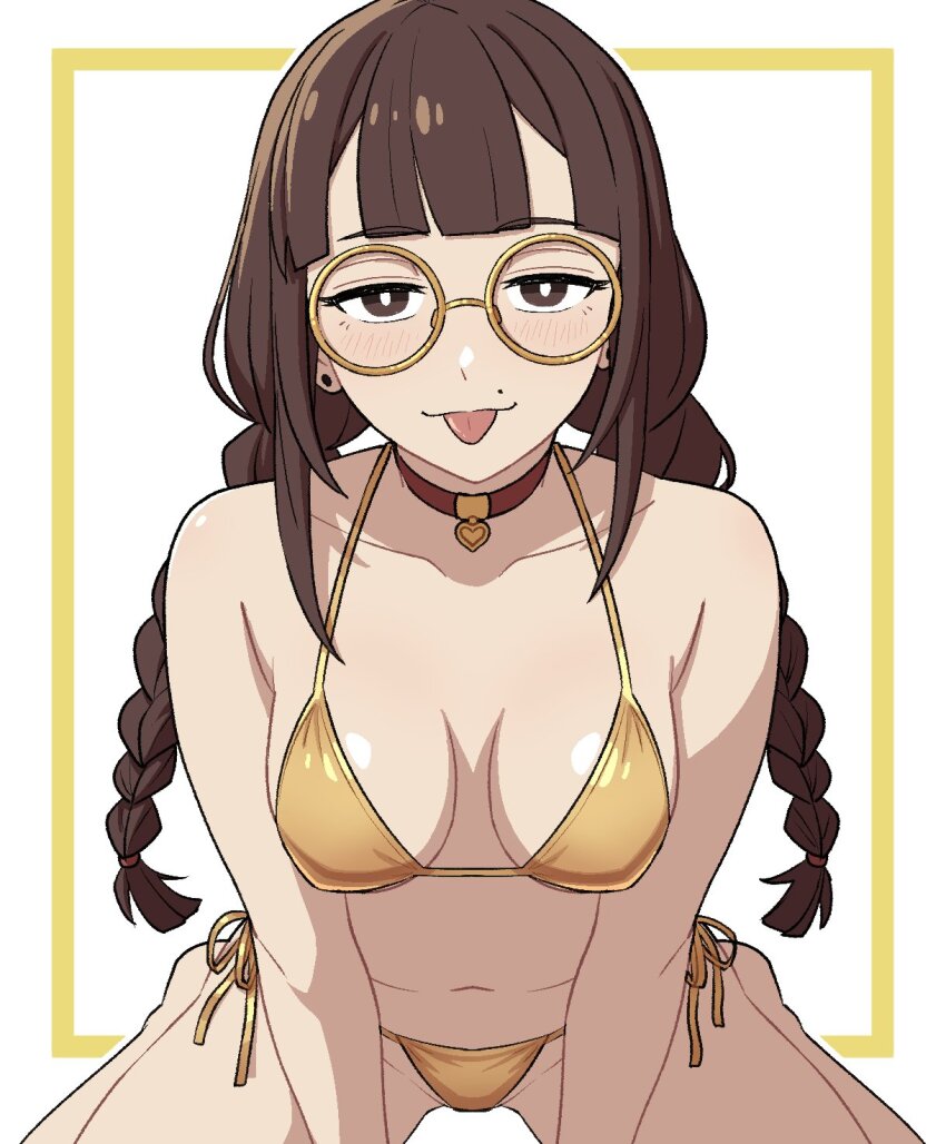 1girl artist_self-insert bikini blunt_bangs blush braid breasts bright_pupils brown_eyes brown_hair choker heart heart_choker highres long_hair looking_at_viewer low_twintails medium_breasts mole mole_above_mouth original pov realda_(vibrantrida) red_choker round_eyewear side-tie_bikini_bottom solo swimsuit tongue tongue_out twin_braids twintails vibrantrida white_pupils yellow-framed_eyewear yellow_bikini