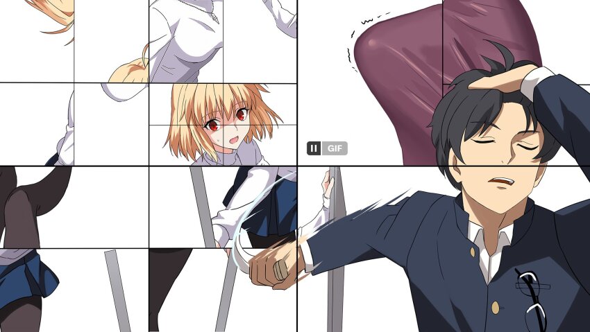 1boy 1girl adjusting_hair ahoge arcueid_brunestud black_hair blonde_hair blue_skirt breasts brown_pantyhose closed_eyes commentary english_commentary folding_knife futanari gakuran glasses highres holding holding_knife i.f.s.f jewelry knife large_penis long_skirt melty_blood_arcueid_figure_(meme) meme miniskirt nanatsu-yoru naoya_hitting_choso_without_looking_(meme) necklace nervous_sweating pantyhose partially_shaded_face penis purple_skirt red_eyes reverse_grip school_uniform shirt short_hair skirt slashing souya_high_school_uniform sweat sweater switchblade tohno_shiki tsukihime tsukihime_(remake) twitching_penis twitter white_shirt