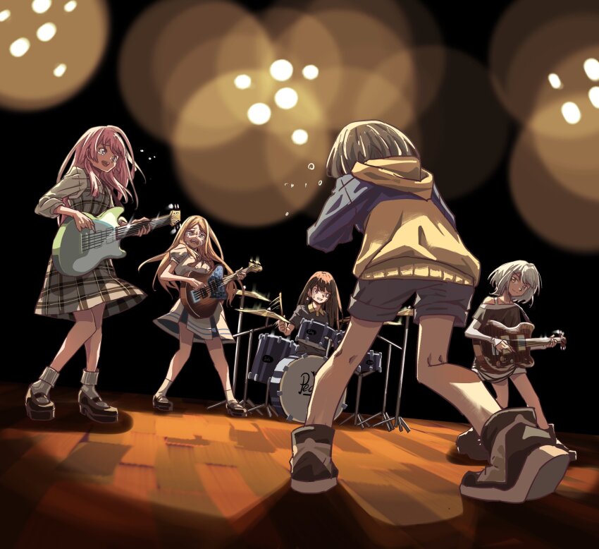 5girls anjuro_zeeku bang_dream! bang_dream!_it's_mygo!!!!! bass_guitar black_footwear black_shirt brown_hair chihaya_anon crying dress from_behind grey_hair guitar heterochromia highres holding holding_microphone instrument kaname_raana long_hair looking_at_another medium_hair microphone multiple_girls music mygo!!!!!_(bang_dream!) nagasaki_soyo pink_hair plaid_clothes plaid_dress playing_bass_guitar playing_drum playing_guitar playing_instrument purple_eyes school_uniform shiina_taki shirt socks stage takamatsu_tomori tsukinomori_school_uniform utakotoba white_socks