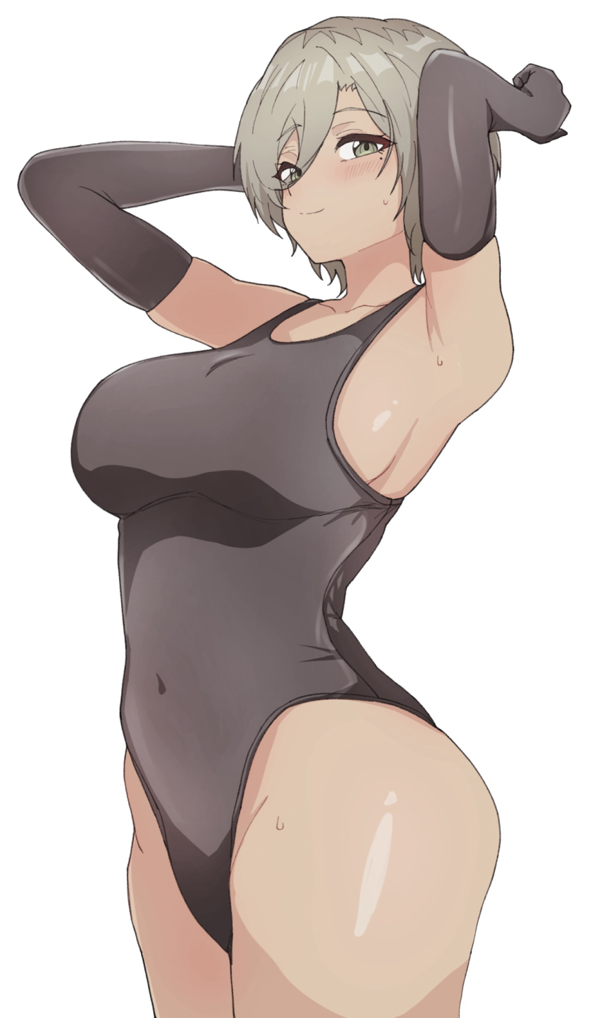 1girl armpits arms_up black_gloves black_one-piece_swimsuit breasts brown_eyes brown_hair closed_mouth covered_navel curvy elbow_gloves girls_band_cry gloves hair_between_eyes hanekuri_(nnainain) highleg highleg_one-piece_swimsuit highres large_breasts long_hair_between_eyes mole mole_under_eye multicolored_hair one-piece_swimsuit roots_(hair) rupa_(girls_band_cry) shiny_skin simple_background solo sweat swimsuit white_background wide_hips