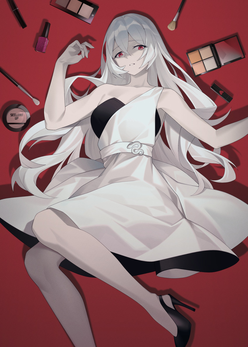1girl artist_name black_shoes breasts commentary_request compact_(cosmetics) cosmetics dress foot_out_of_frame from_above hair_spread_out hand_up high_heels highres large_breasts lipstick_tube long_hair looking_at_viewer lying makeup_brush makeup_palette nail_polish_bottle on_back original parted_lips pumps red_background red_eyes seelean shoes simple_background single-shoulder_dress single_bare_shoulder solo stiletto_heels very_long_hair white_dress white_hair