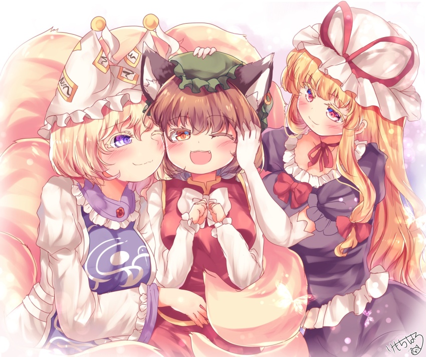 3girls animal_ears animal_hat blonde_hair blue_tabard bow brown_hair cat_ears chen choker commentary_request dress earrings elbow_gloves fox_ears fox_tail frilled_dress frills gloves green_hat hair_bow hat hat_ribbon highres jewelry kemo_chiharu kitsune long_hair long_sleeves mob_cap multiple_girls multiple_tails ofuda ofuda_on_clothes one_eye_closed orange_eyes puffy_short_sleeves puffy_sleeves purple_dress purple_eyes red_bow red_eyes red_ribbon red_vest ribbon ribbon_choker shirt short_hair short_sleeves single_earring tabard tail touhou vest white_dress white_gloves white_shirt wide_sleeves yakumo_family_(touhou) yakumo_ran yakumo_yukari