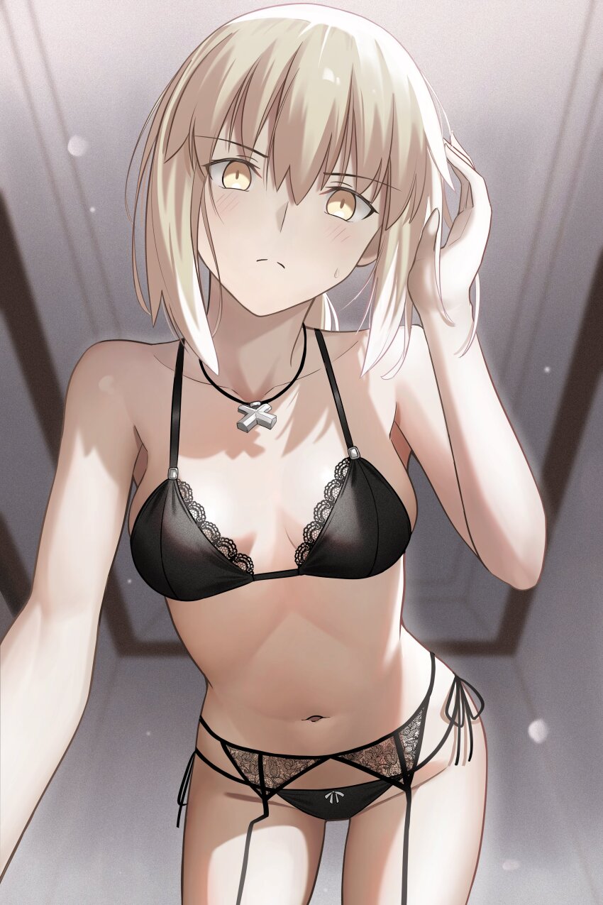 1girl absurdres artoria_pendragon_(fate) bare_shoulders black_bra black_panties blonde_hair bra breasts cleavage commentary english_commentary fate/grand_order fate_(series) garter_belt highres long_hair longdq3008 looking_at_viewer low_ponytail medium_breasts navel panties ponytail saber_alter sidelocks solo thighs underwear yellow_eyes