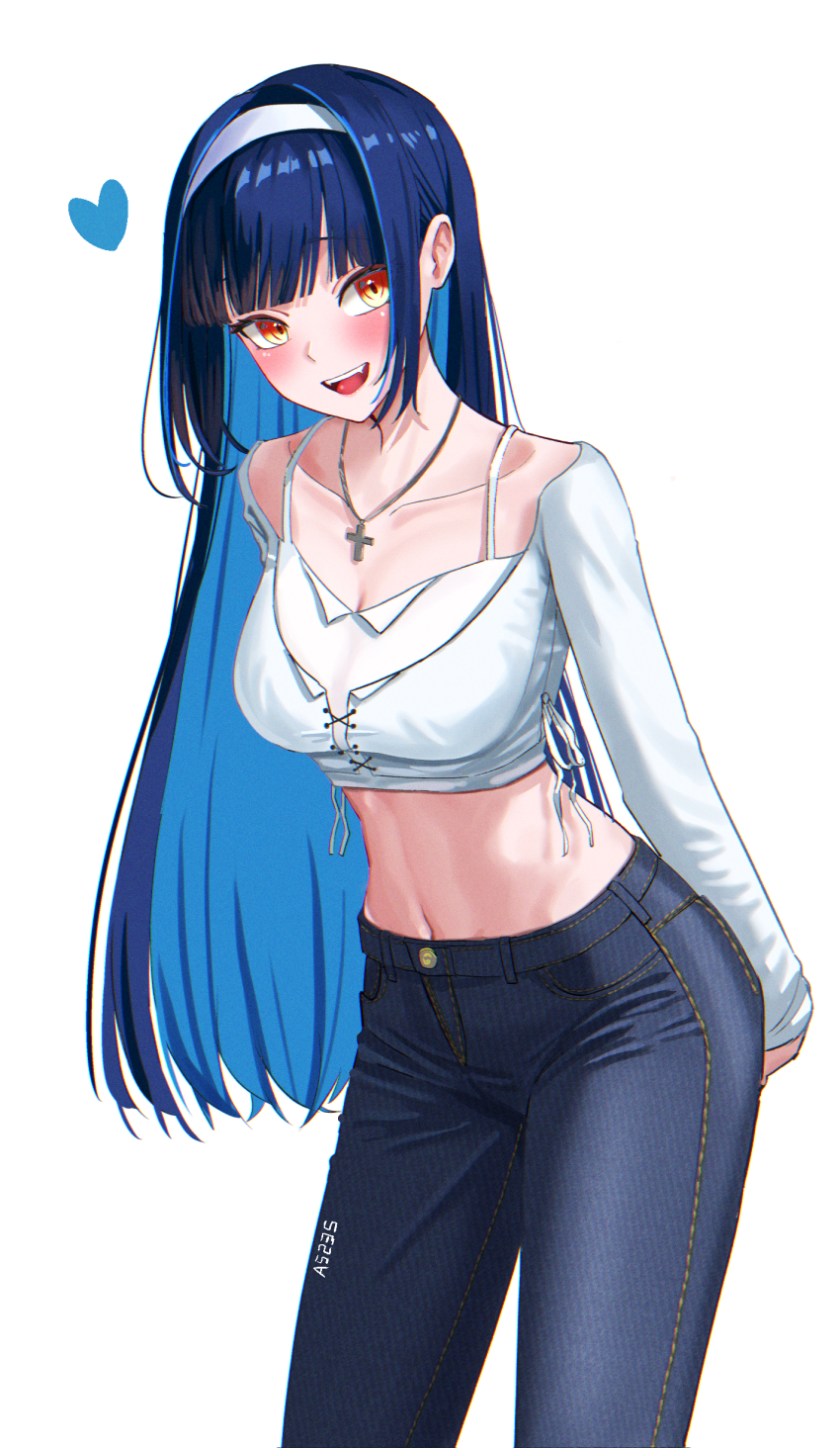 1girl :d a5235 absurdres arms_behind_back artist_name blue_hair blue_pants blunt_bangs blush breasts cleavage collarbone colored_inner_hair crop_top cross cross_necklace denim hairband heart highres jeans jewelry large_breasts layered_shirt lilpa long_hair long_sleeves looking_at_viewer midriff multicolored_hair navel necklace open_mouth orange_eyes pants shirt simple_background smile solo stomach streaked_hair very_long_hair virtual_youtuber waktaverse white_background white_hairband white_shirt