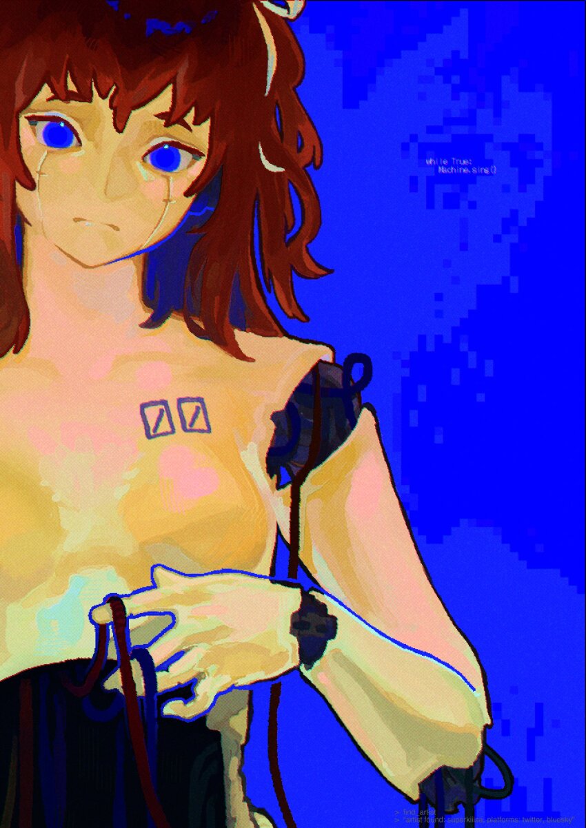 1girl a.i._voice adachi_rei alternate_eye_color android blue_background blue_eyes breasts cable chest_tattoo closed_mouth commentary english_text frown hair_ribbon hand_up head_tilt highres hole_in_stomach joints lily_(superkiiisa) long_hair looking_at_viewer no_nipples no_pupils nude number_tattoo one_side_up python_(programming_language) queen_of_venus_(utau) red_hair ribbon robot_joints simple_background small_breasts solo symbol-only_commentary tattoo upper_body utau white_ribbon