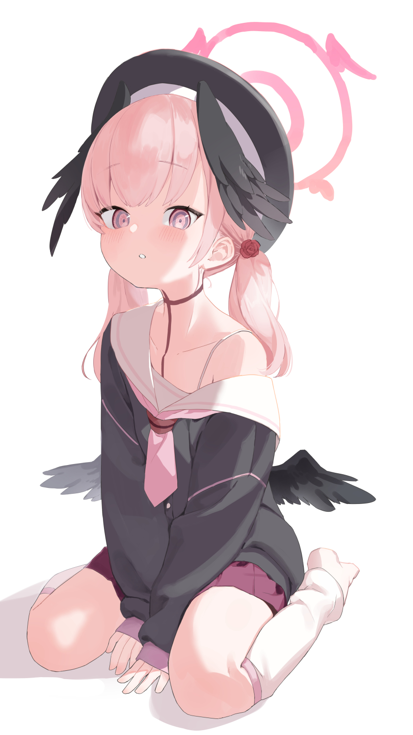 1girl absurdres bamyamsj beret between_legs black_choker black_hat black_wings blue_archive blush choker collarbone commentary feathered_wings flower full_body hair_flower hair_ornament halo hand_between_legs hat head_wings highres kneehighs koharu_(blue_archive) long_hair looking_at_viewer loose_socks low_wings miniskirt neckerchief no_shoes parted_lips pink_eyes pink_hair pink_halo pink_neckerchief pink_skirt red_flower red_rose rose sailor_collar school_uniform serafuku shadow single_bare_shoulder sitting skirt sleeves_past_wrists socks solo twintails v_arms wariza white_sailor_collar white_socks white_wings winged_halo wings