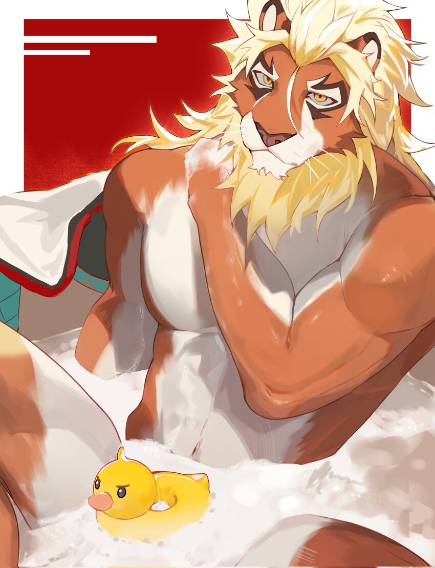 1boy abs animal_ears axianorange bara bathing closed_mouth completely_nude convenient_censoring furry furry_male hand_on_own_shoulder highres lion_boy lion_ears lion_mane looking_at_viewer magnos_(world_flipper) male_focus muscular muscular_male navel nude pectorals rubber_duck soap_bubbles world_flipper
