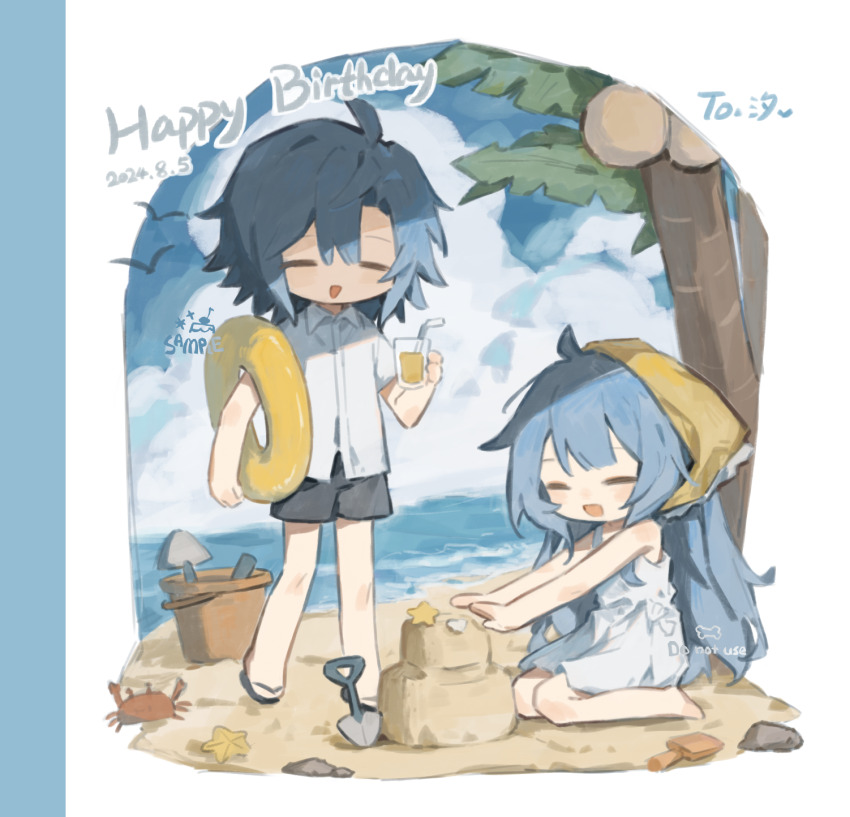 :d ahoge bare_arms bare_shoulders beach black_sandals black_shorts blue_hair blunt_bangs bucket chibi chibi_only closed_eyes cloud collared_shirt crab dated day dress full_body haiyan_limeng happy_birthday headscarf highres innertube long_hair open_mouth original outdoors palm_tree sample_watermark sand sand_castle sand_sculpture sandals shirt short_hair short_sleeves shorts shovel sitting sleeveless sleeveless_dress smile standing swim_ring tree watermark white_dress white_shirt yellow_headscarf