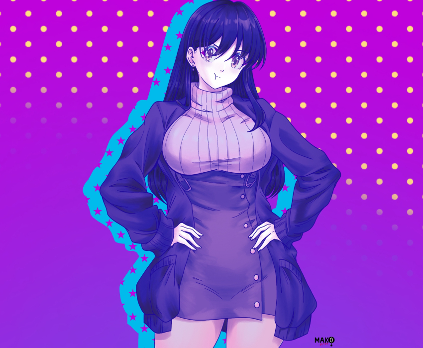 1girl big_sister_(navigavi) borrowed_character breasts brown_eyes choppy_bangs closed_mouth commentary commentary_request drop_shadow earrings english_commentary hair_between_eyes hands_on_own_hips highres jacket jewelry kurimako large_breasts long_hair long_sleeves looking_at_viewer mixed-language_commentary open_clothes open_jacket original pink_sweater pout purple_background purple_hair purple_jacket solo sweater underbust